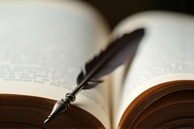 Open book with blurred text and quill pen